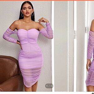 Purple ruched off the shoulder maxi dress
